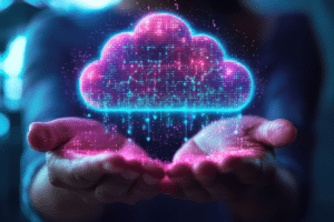 Hands holding a glowing digital cloud icon with data streams, symbolizing the implementation of cloud migration strategies to modernize and optimize business operations.