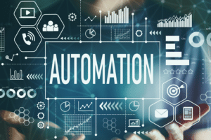 Digital interface displaying the word 'Automation' surrounded by various icons and charts, representing the benefits of process automation in streamlining tasks and improving productivity