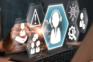 Close-up of a person interacting with a digital interface displaying icons for customer support, innovation, and efficiency, representing the impact of digital solutions on modern business operations and customer experience.