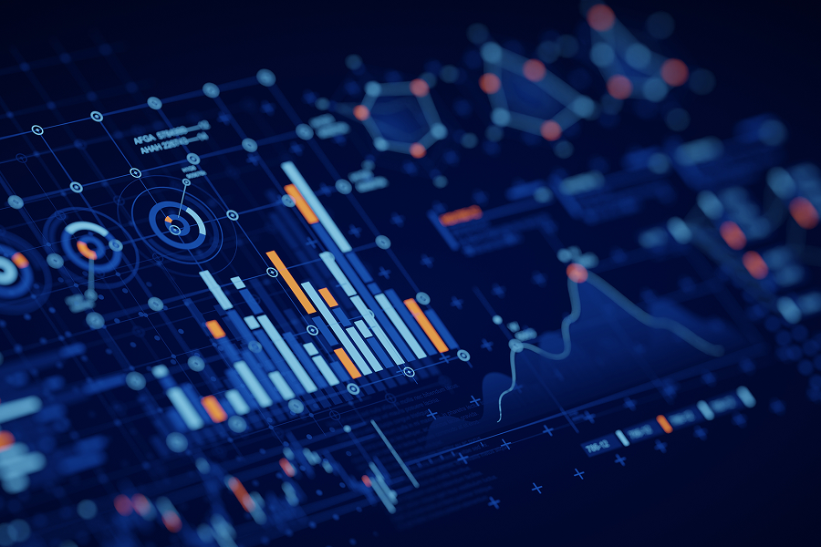 A futuristic digital interface displaying data visualizations, graphs, and analytics in a blue and orange color scheme. Data Analytics is Essential for Business Growth, providing insights that drive strategic decision-making and efficiency.
