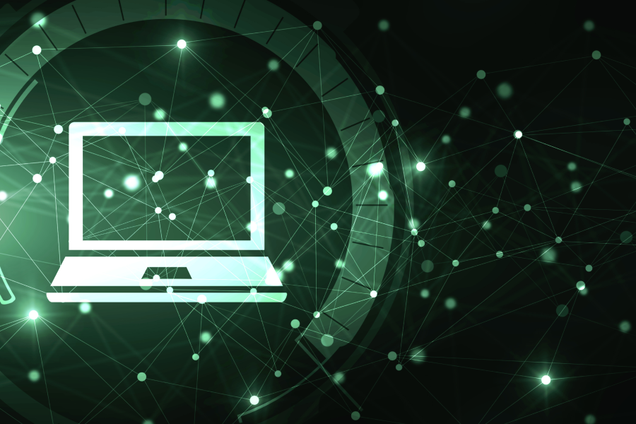 A digital illustration of a laptop icon surrounded by a network of glowing green connections, representing sustainable technology solutions. Green IT promotes energy-efficient computing and environmentally friendly digital practices.