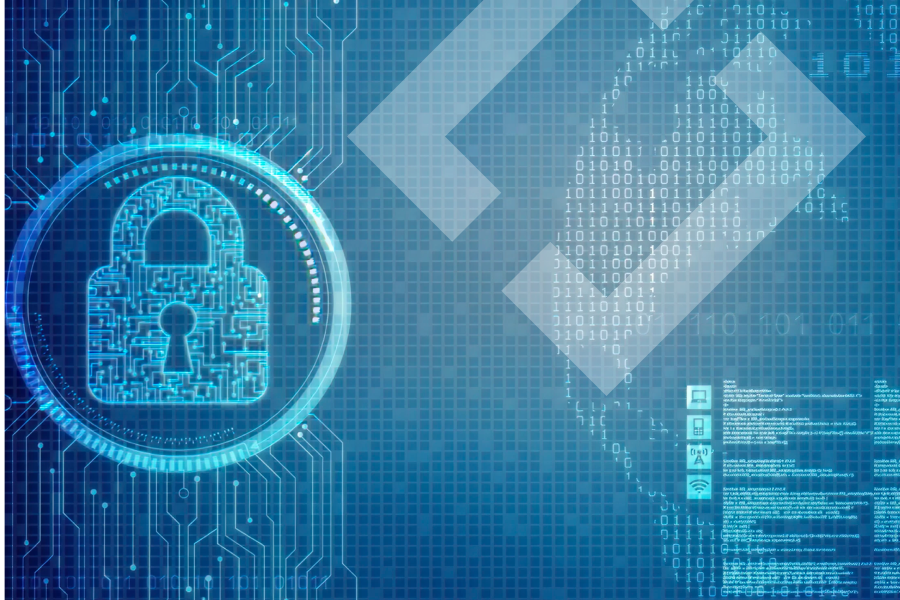 A digital lock icon overlaid on a circuit board background with floating binary code and network symbols, representing a ‘cybersecurity 101’ concept.