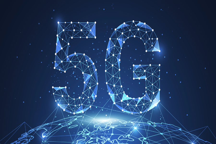 A digital illustration of the text “5G” composed of interconnected nodes and lines hovering above a networked globe, highlighting next-generation connectivity and mobile network innovation.