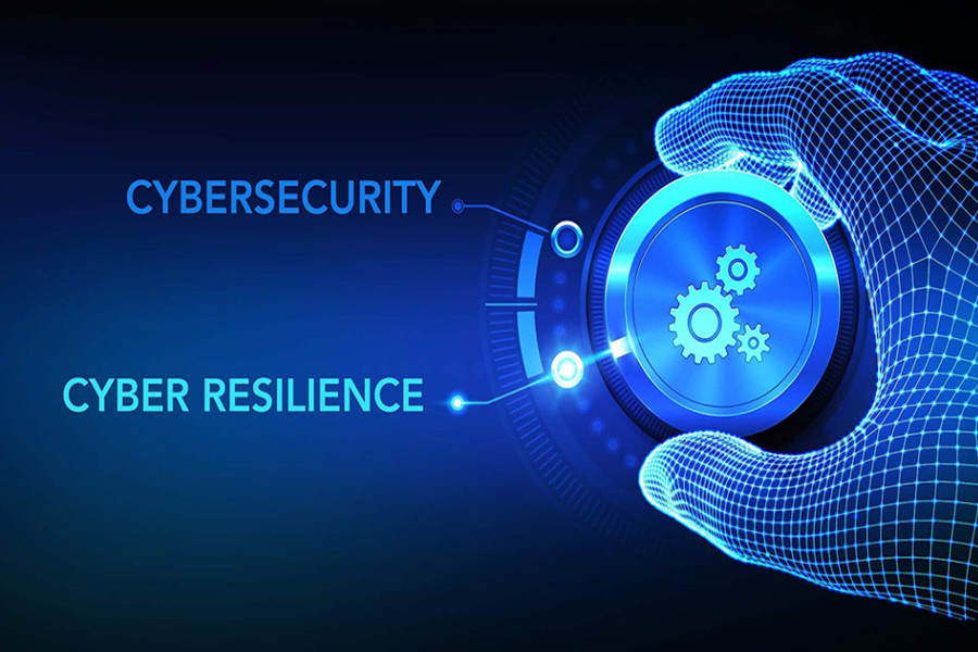 A digital hand turns a glowing gear dial between the terms "Cybersecurity" and "Cyber Resilience," representing the shift towards proactive IT protection. Visual emphasizes Integrated Technology’s focus on Cyber Resilience through managed IT services.