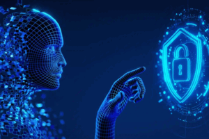 Digital AI figure made of glowing blue wireframe and particles reaching out to a holographic cybersecurity shield with a lock icon, symbolizing AI in data protection and digital security.