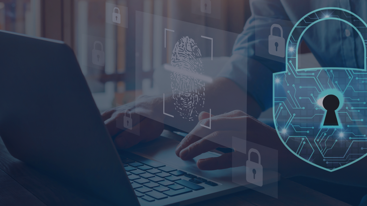 Person typing on laptop with digital fingerprint scan and padlock graphics representing cybersecurity and firewall protection.