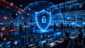 Cybersecurity Threats 2026 showing ransomware protection phishing prevention and business security monitoring