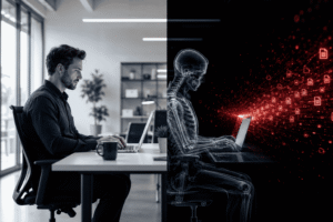Employee using unauthorized Shadow AI tool on company laptop, illustrating data leakage risk